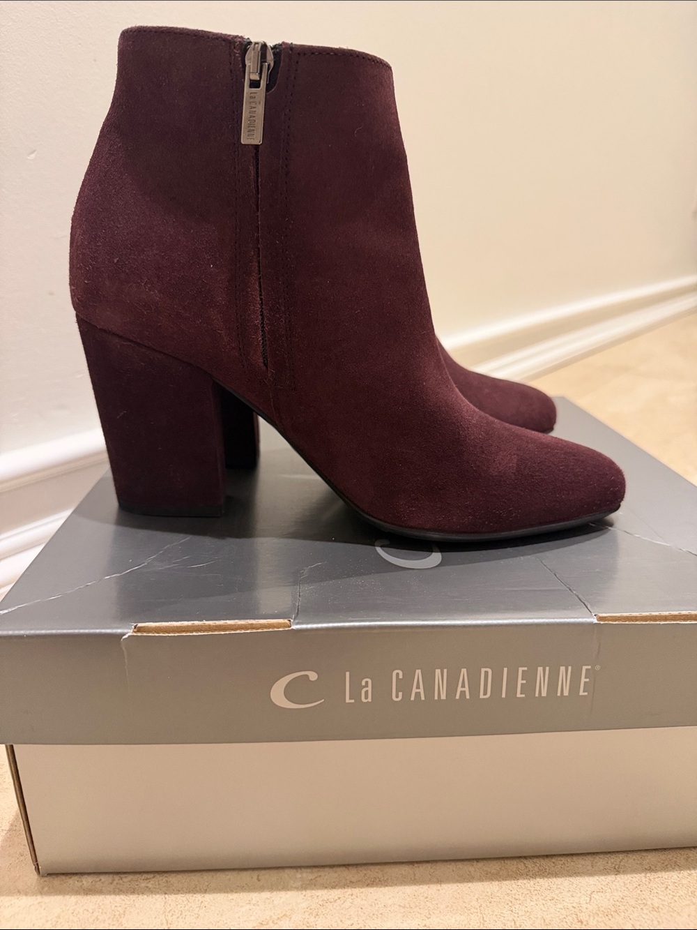 La CANADIENNE Burgundy Suede Block Heel Ankle Boots